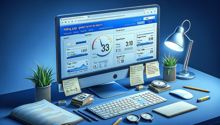 Desk setup with monitor showing page speed analytics dashboard.