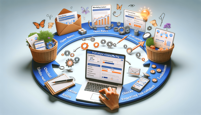 Marketing lifecycle diagram with laptop, charts, and business icons.