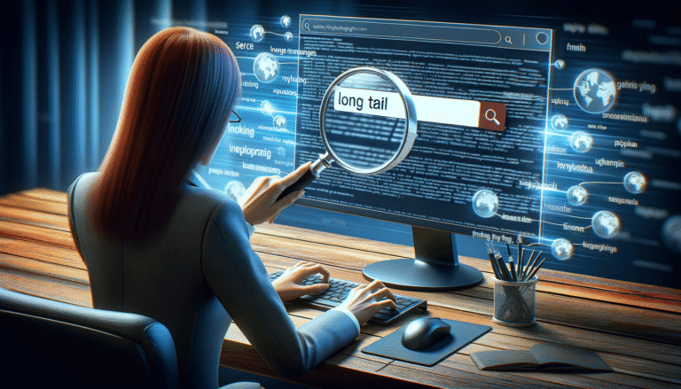 Woman researching 'long tail' keywords on computer.