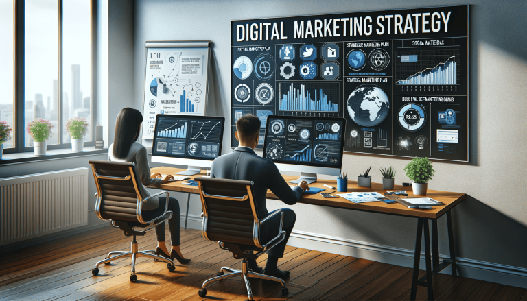 Professionals reviewing digital marketing strategy and data on screens.