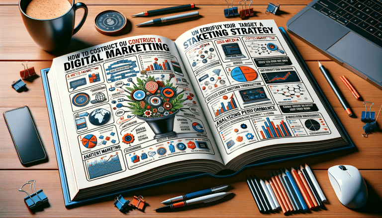 Open book with digital marketing infographics and office supplies.