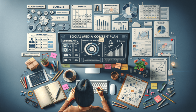 Overhead view: person working on social media content plan.