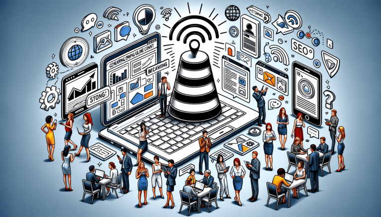 Business people and digital marketing ecosystem around a central laptop.