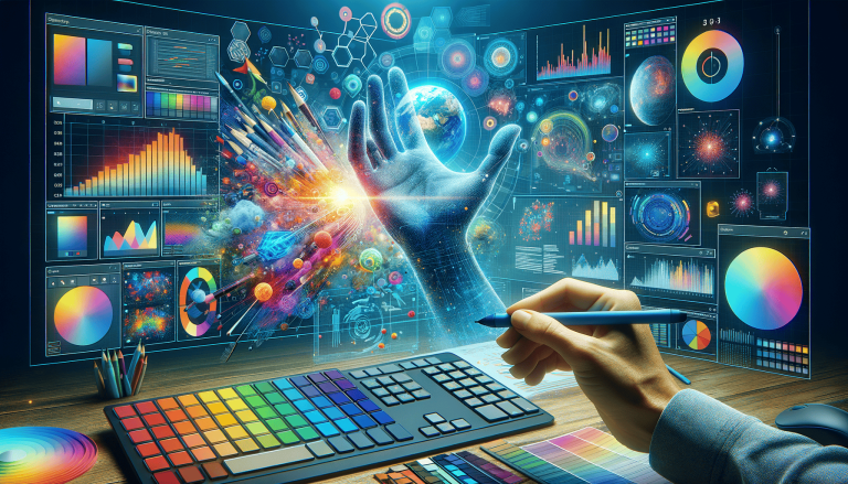 Hand interacting with holographic creative design and data visualisation interface.
