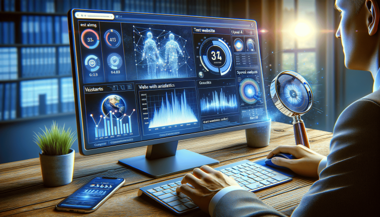 Business professional analyses data visualisations on a glowing computer screen.