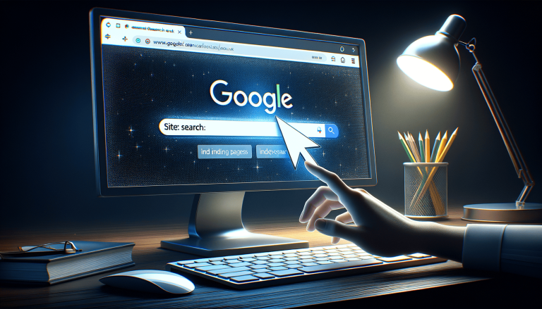 Hand typing 'Site: search' on Google desktop computer.