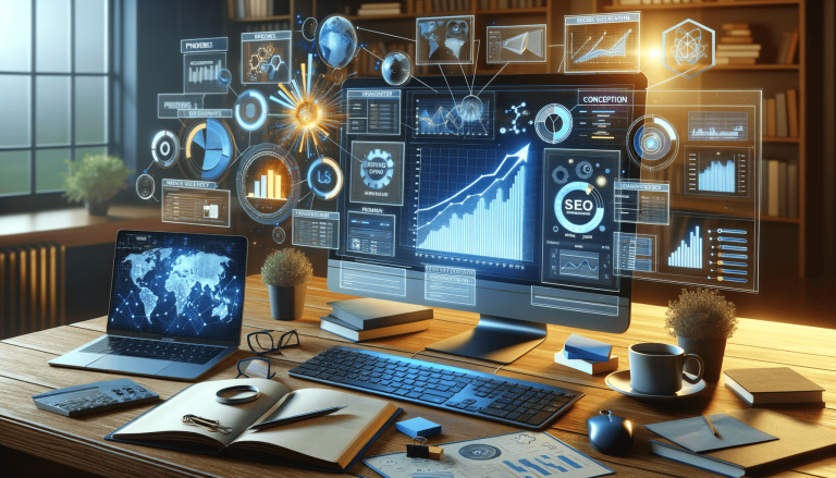 Desk with computer displaying holographic business data analysis.