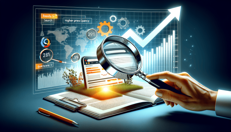 Magnifying glass over business data, showing growth and analysis.