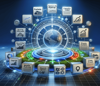 Digital globe surrounded by SEO optimisation icons.