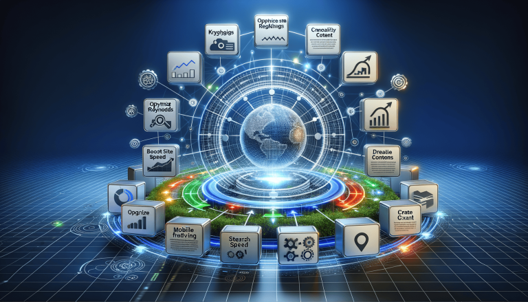 Digital globe surrounded by SEO and marketing concept icons.