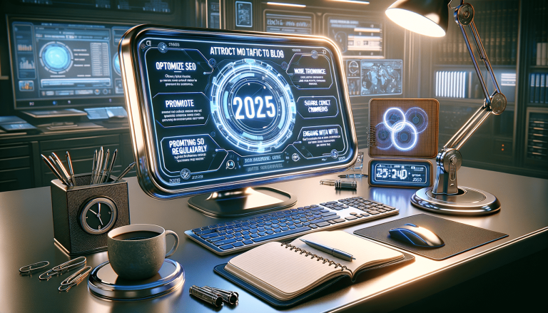 Futuristic desk with monitors displaying digital marketing strategy for 2025.