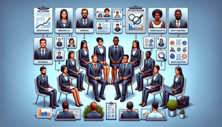 Diverse business professionals in a corporate organisational chart illustration.