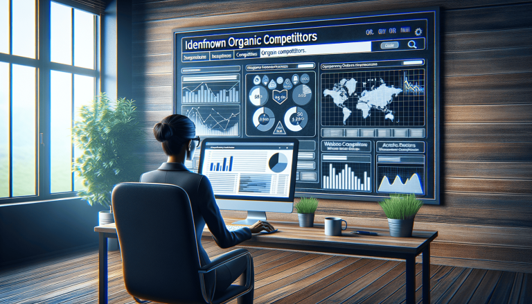 Woman analyses competitor data on multiple screens in office.