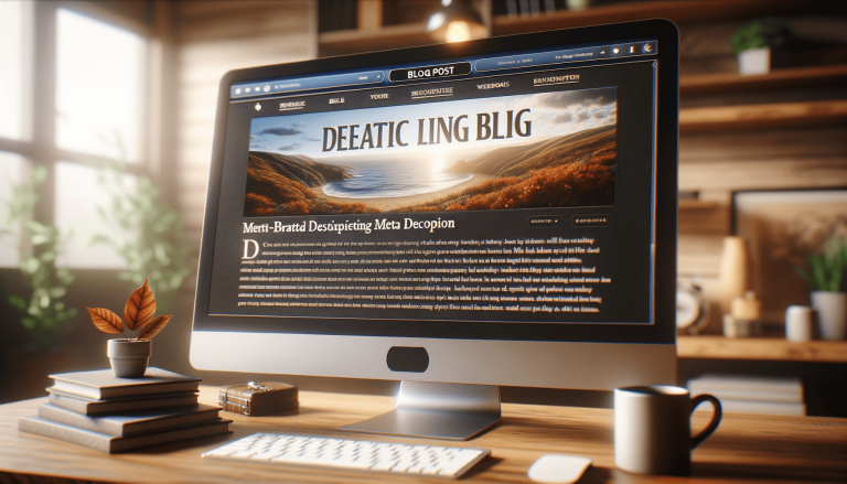 Computer monitor displaying blog post on a rustic wooden desk.