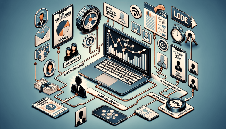 Isometric diagram: lead generation, digital marketing, data analysis.