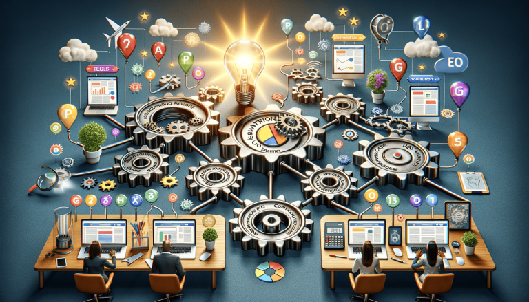 Complex business system with gears, lightbulb, computers, data, and people.
