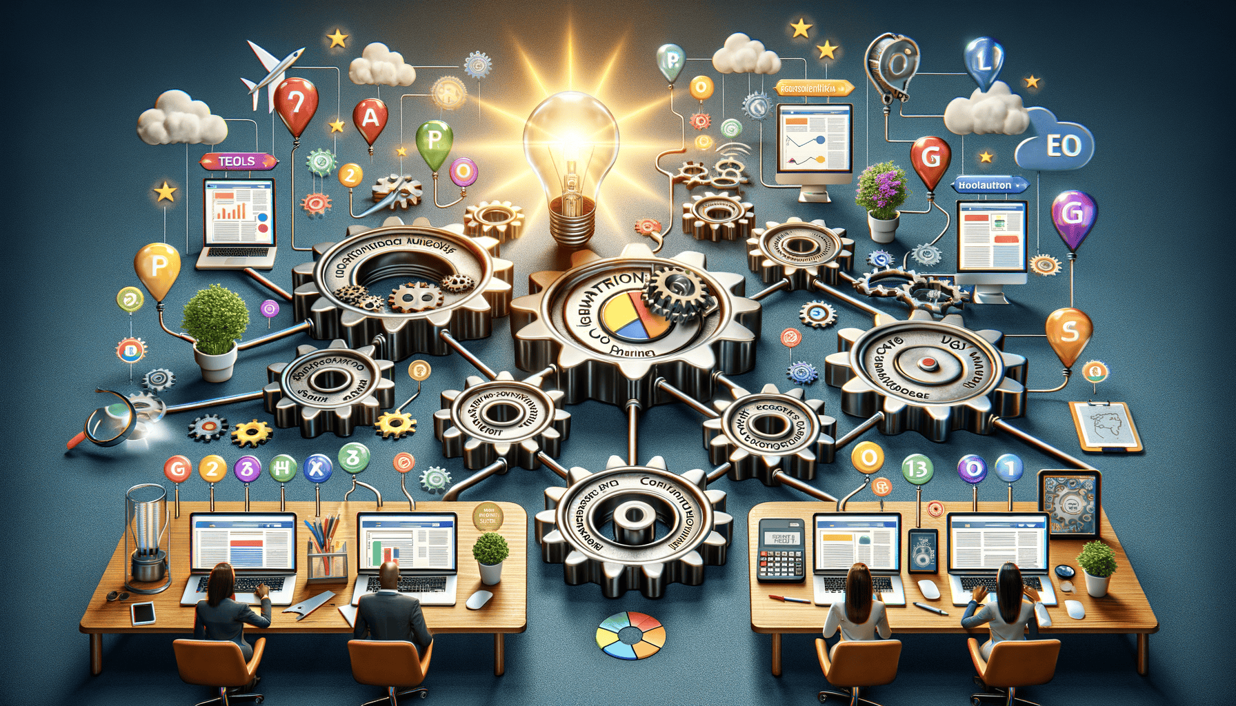 Digital marketing concept with gears and computers.