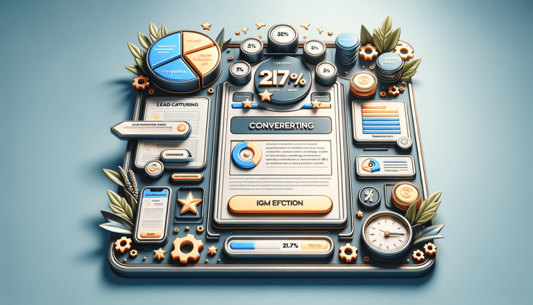 3D stylised business analytics dashboard displaying conversion rates and data.