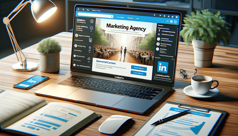 Laptop displaying LinkedIn Marketing Agency page on a busy desk.