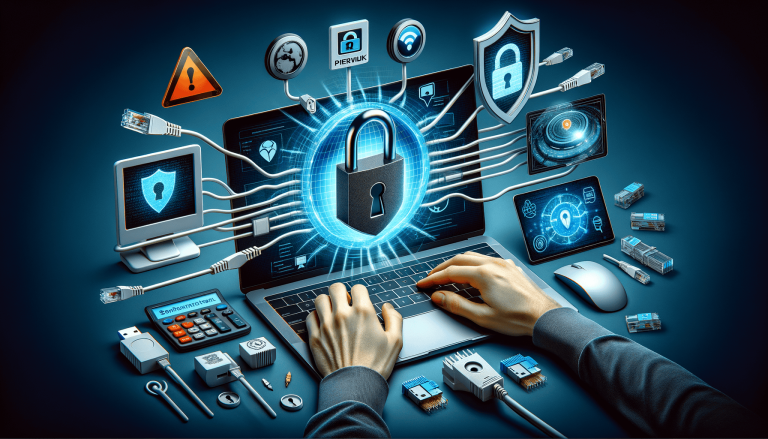Laptop, padlock, and network connections symbolising digital security.