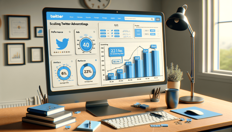 Desk with computer showing Twitter ad performance data.