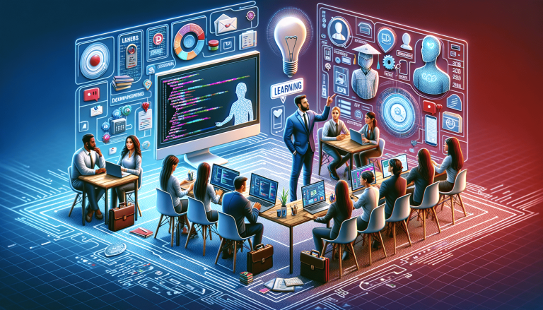 Classroom with students and lecturer, surrounded by digital programming and data.