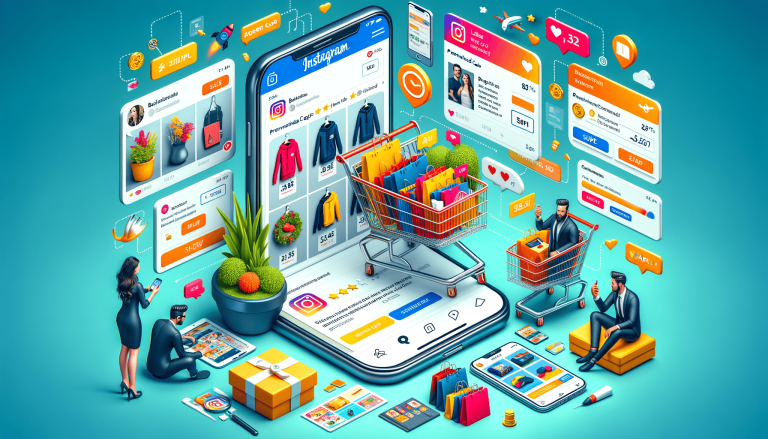 Isometric online shopping experience with smartphones and social media.