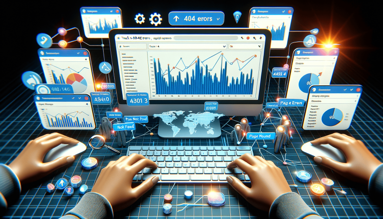 Hands analysing data, network issues, and 404 errors on screens.