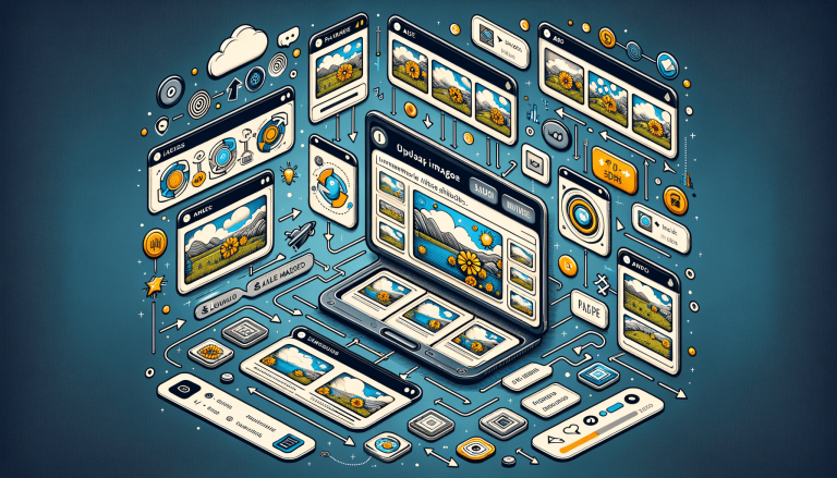Isometric digital interfaces surrounding a laptop, showing data and cloud computing.