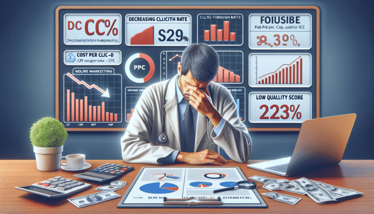 Stressed professional analysing negative business metrics and charts.