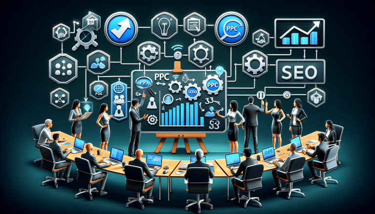 Business team discussing SEO and PPC digital marketing strategy.