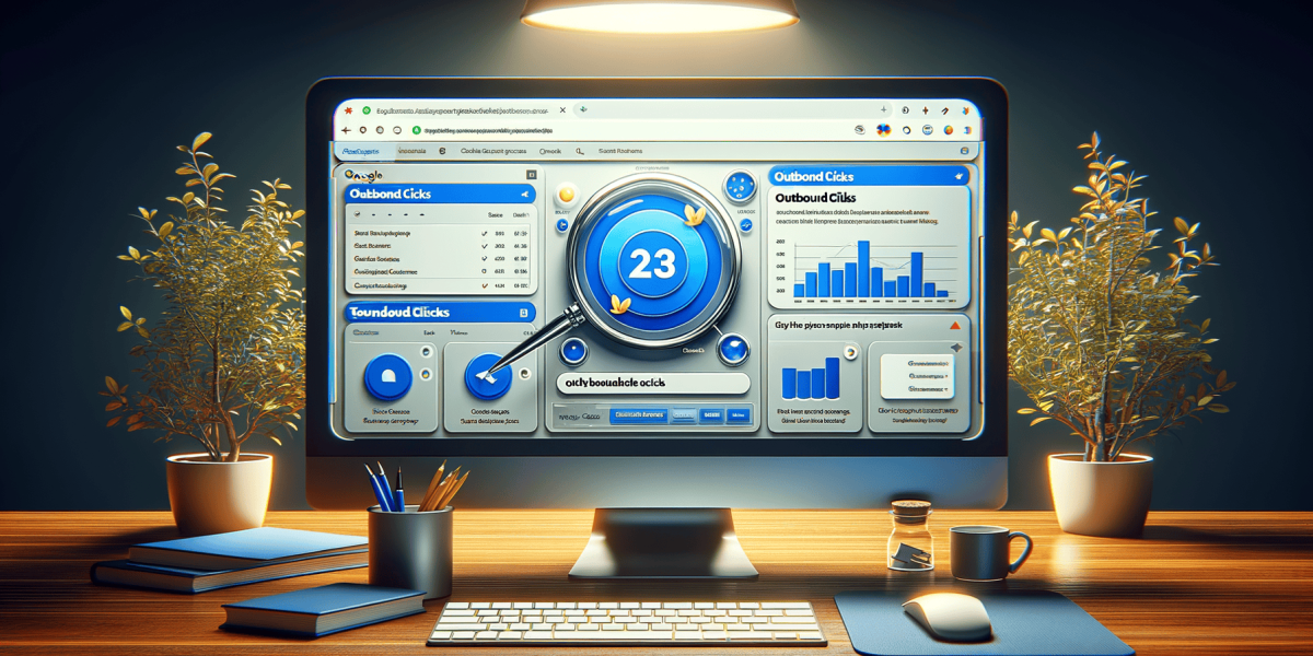 Modern office desk with computer displaying data analytics dashboard.