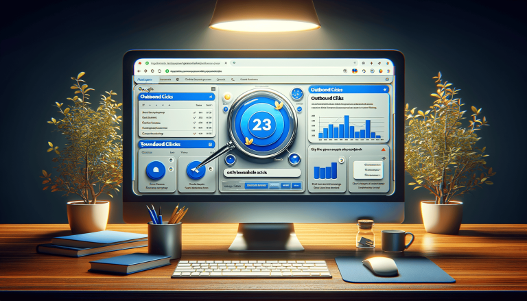 Modern office desk with computer displaying data analytics dashboard.