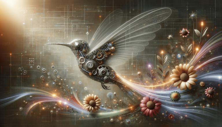 Mechanical hummingbird flying amongst glowing flowers and tech.