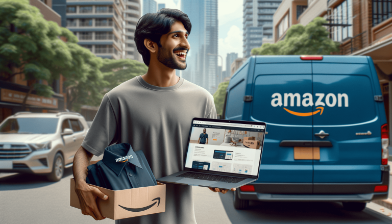 Smiling man with Amazon box, uniform, laptop and van.