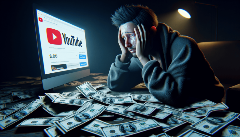 Crying man, YouTube shows zero earnings amidst piles of cash.