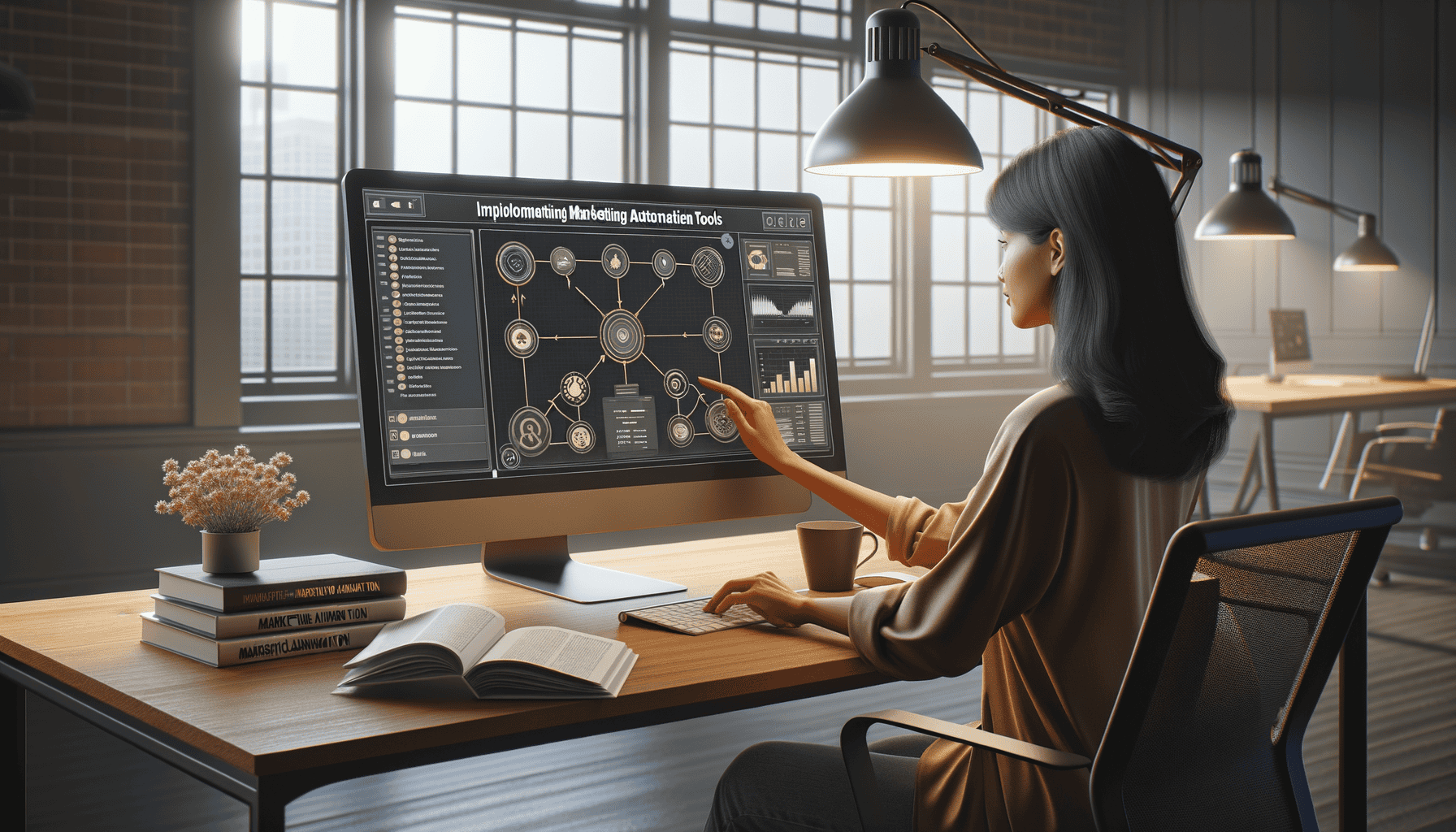 Woman uses computer for marketing automation tools.