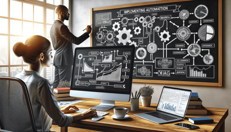 Two professionals analysing automation strategy with complex diagrams and data.