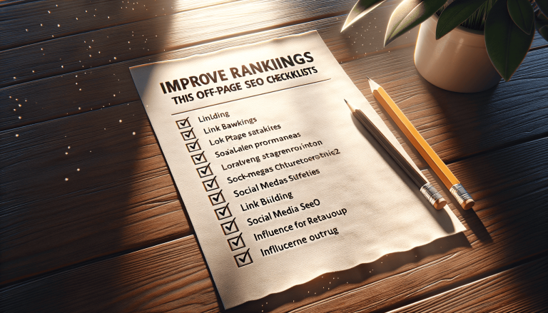 Off-page SEO checklist on wooden desk with pencils.
