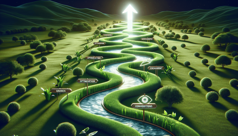 Winding river path through green landscape towards a glowing arrow.