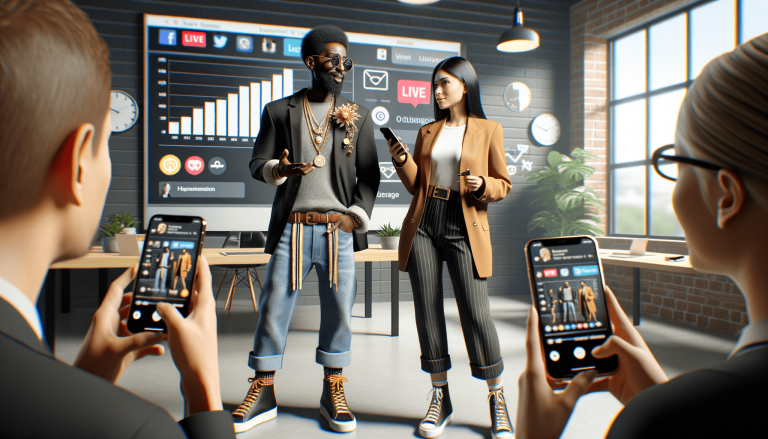 People photographing stylish influencers in front of social media screen.