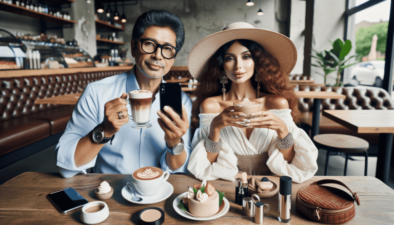 Elegant couple enjoying coffee and desserts at a cafe table.
