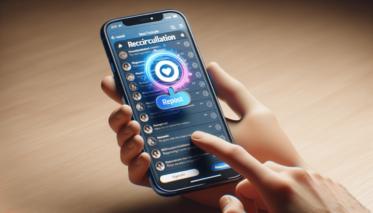 Hand holding smartphone, using social media 'Repost' and 'Recirculation' feature.