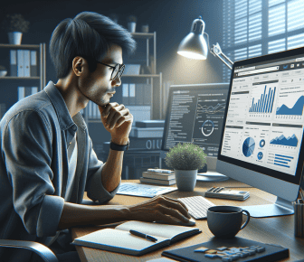 Professional analysing data on computer screens.