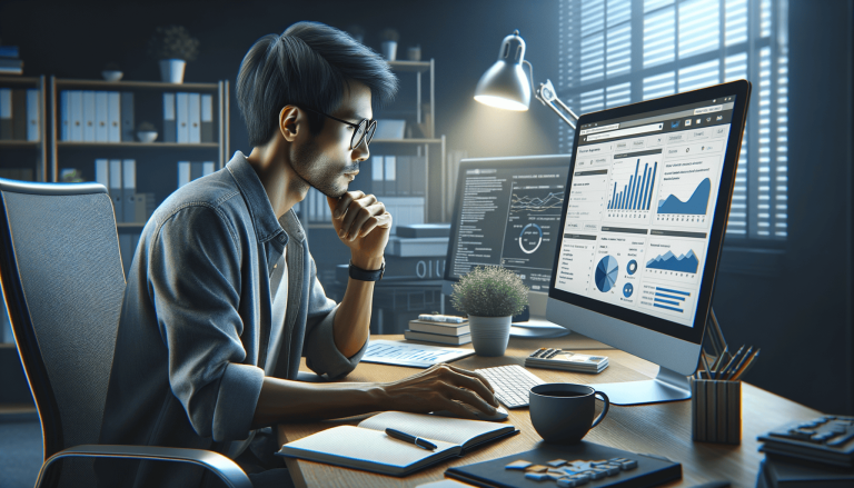 Man analysing data visualisations on dual computer monitors.