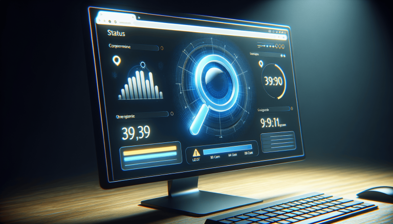 Computer monitor showing a futuristic data analysis dashboard.