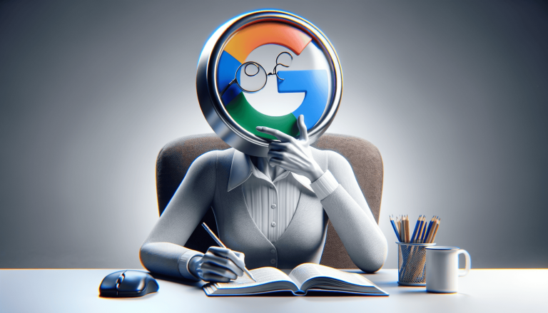 Google logo-headed figure with glasses writing at a desk.