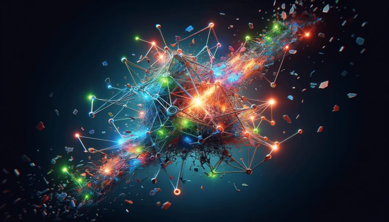 Abstract glowing network with colourful connections and scattered fragments.