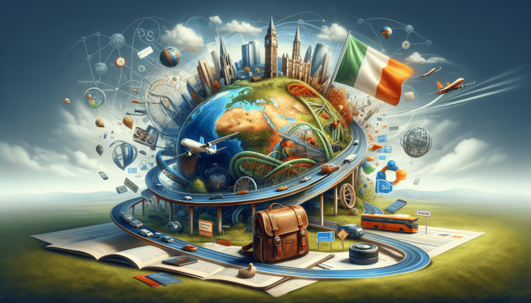 Global travel, education, and digital connectivity on miniature world.