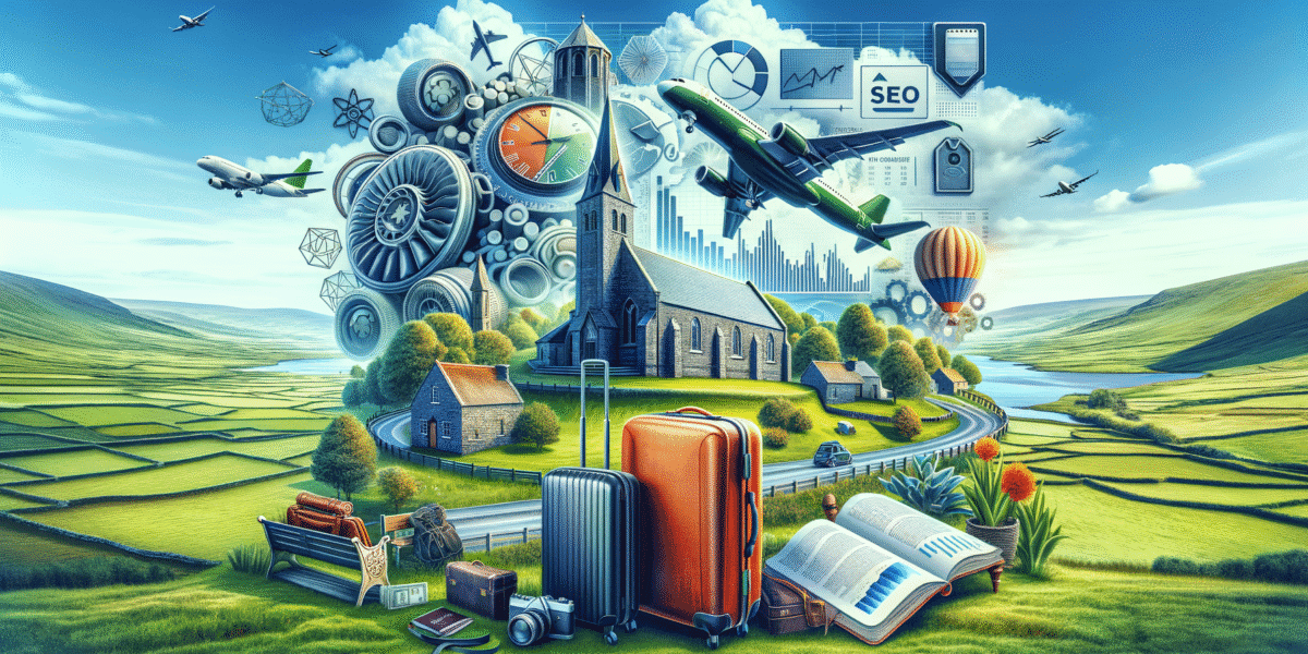 Landscape with church, planes, and SEO graphics.